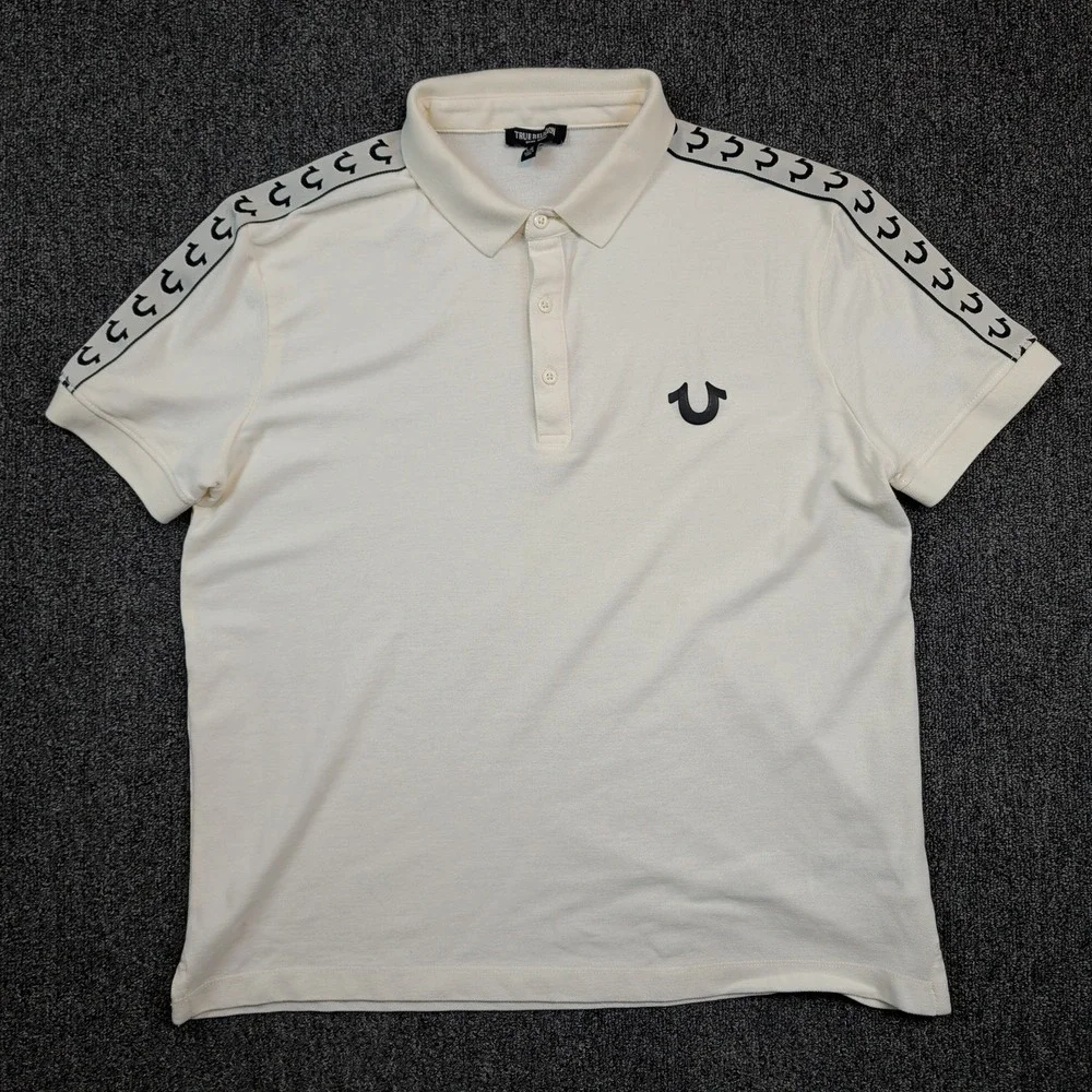 True Religion Y2K Damask Polo Shirt L Off White Horseshoe Tape Streetwear Mens
